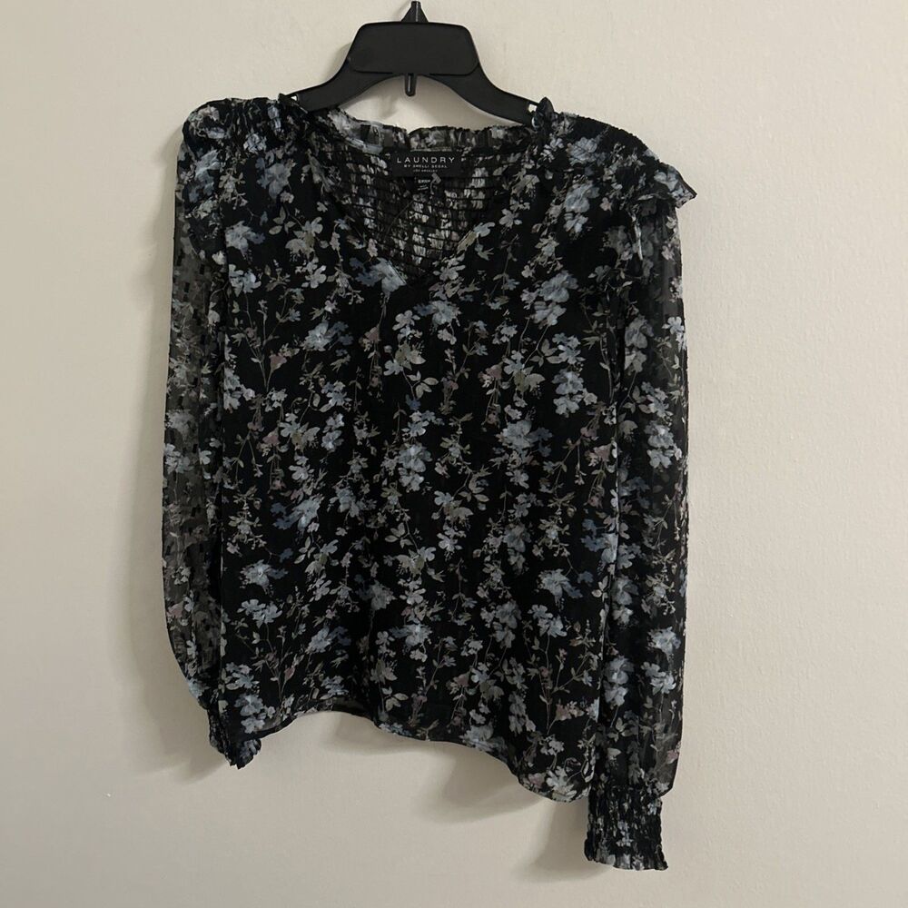 Women’s Laundry by Shelli Segal Black Floral Smocked Blouse | Sz Small | NWT
